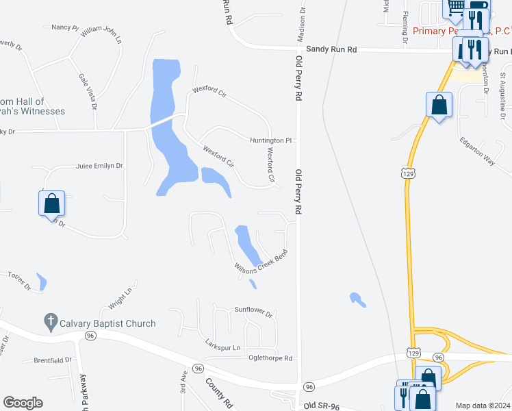 map of restaurants, bars, coffee shops, grocery stores, and more near 212 Picketts Mill Court in Warner Robins