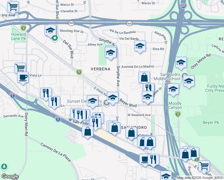 map of restaurants, bars, coffee shops, grocery stores, and more near 301 West Foothill Road in San Diego