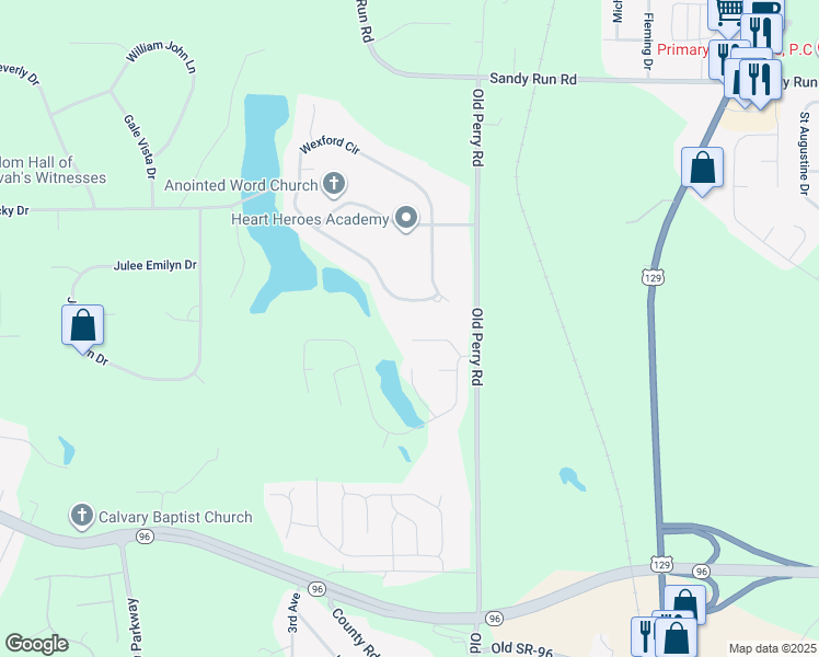 map of restaurants, bars, coffee shops, grocery stores, and more near 212 Picketts Mill Court in Warner Robins