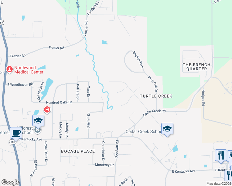 map of restaurants, bars, coffee shops, grocery stores, and more near 999 Chase Lane in Ruston