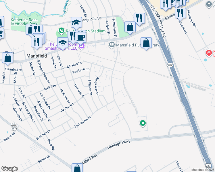 map of restaurants, bars, coffee shops, grocery stores, and more near 468 South Wisteria Street in Mansfield