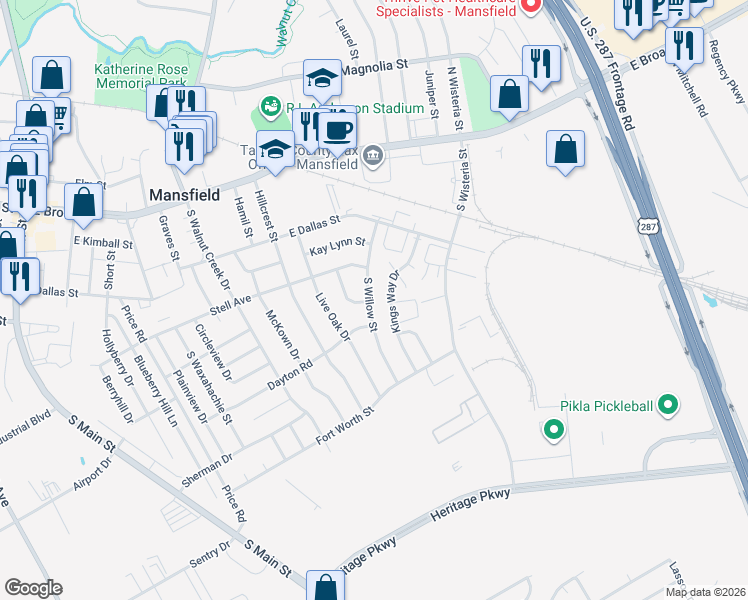 map of restaurants, bars, coffee shops, grocery stores, and more near 413 South Willow Street in Mansfield