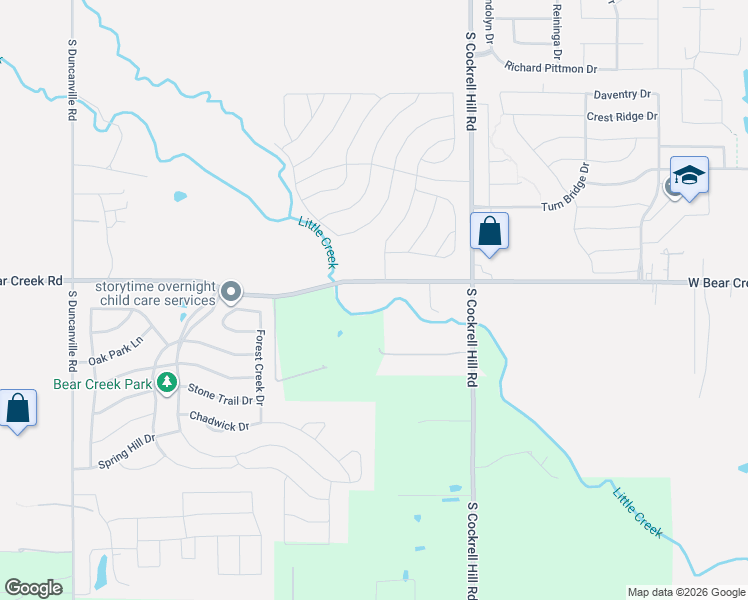 map of restaurants, bars, coffee shops, grocery stores, and more near 1914 West Bear Creek Road in Red Oak