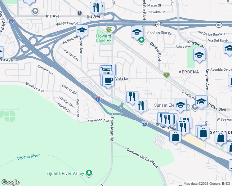 map of restaurants, bars, coffee shops, grocery stores, and more near 879 West San Ysidro Boulevard in San Diego