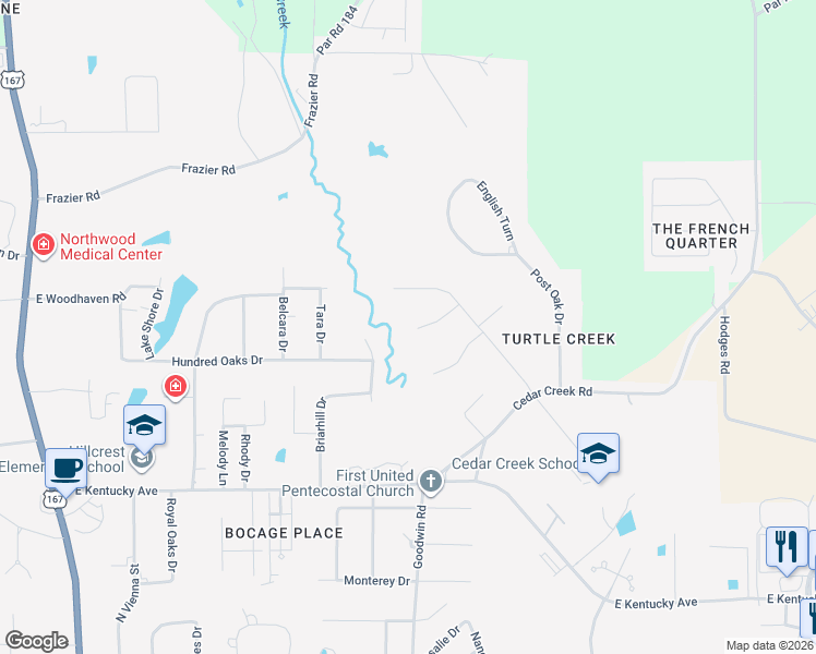 map of restaurants, bars, coffee shops, grocery stores, and more near 999 Chase Lane in Ruston