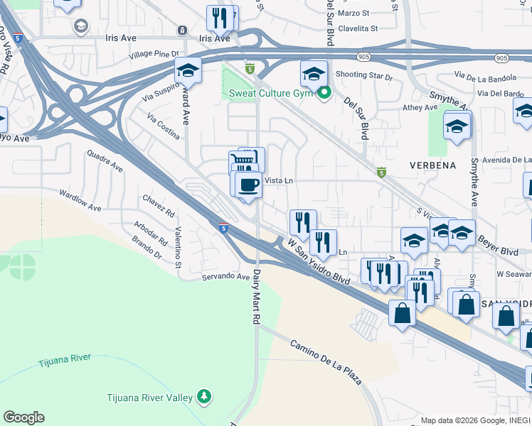 map of restaurants, bars, coffee shops, grocery stores, and more near 879 West San Ysidro Boulevard in San Diego