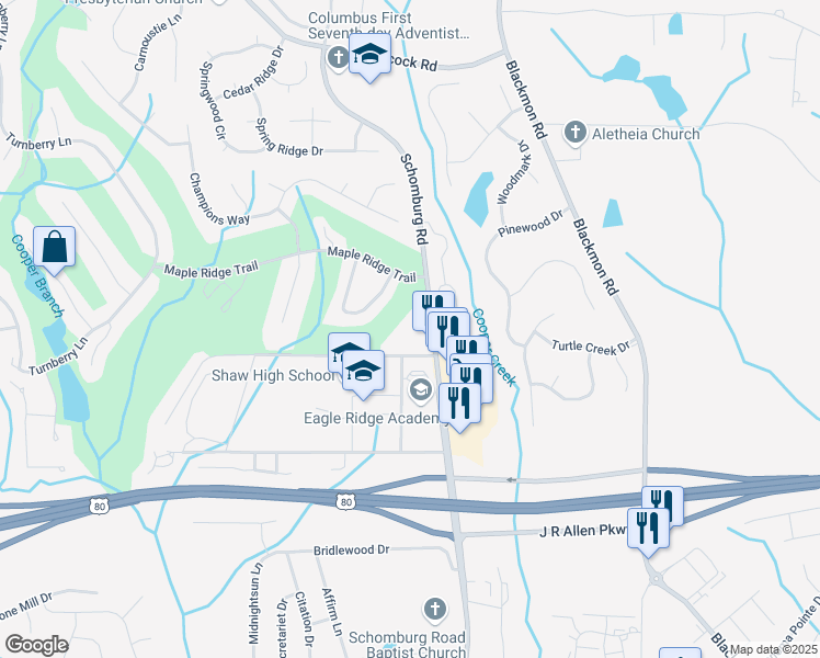 map of restaurants, bars, coffee shops, grocery stores, and more near 7777 Schomburg Road in Columbus