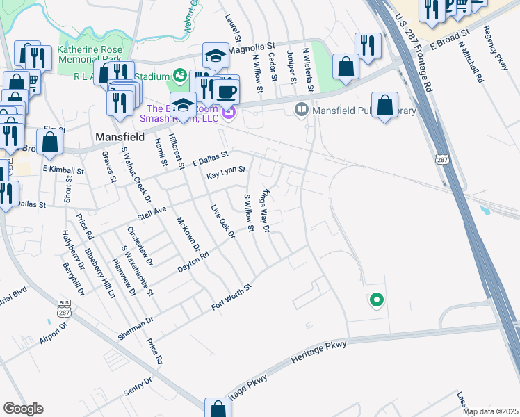 map of restaurants, bars, coffee shops, grocery stores, and more near 404 Kings Way Drive in Mansfield