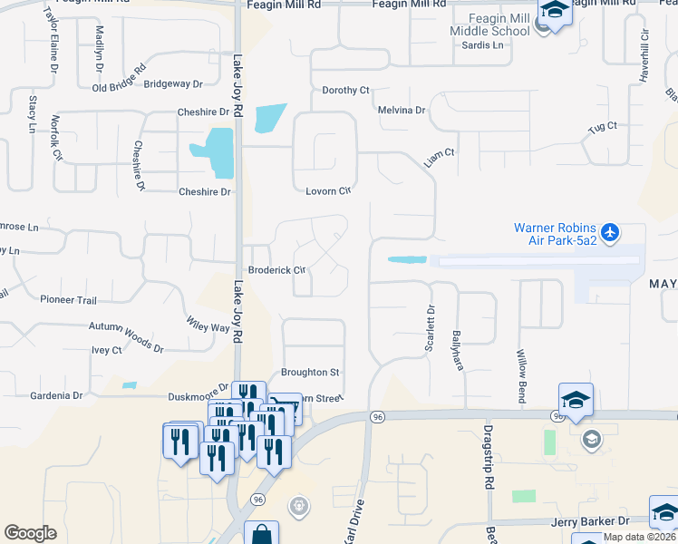 map of restaurants, bars, coffee shops, grocery stores, and more near 200 Peyton Ray Lane in Warner Robins