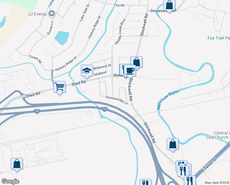 map of restaurants, bars, coffee shops, grocery stores, and more near 2110 Middle Creek Boulevard in Bossier City