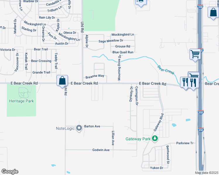 map of restaurants, bars, coffee shops, grocery stores, and more near 818 East Bear Creek Road in Glenn Heights