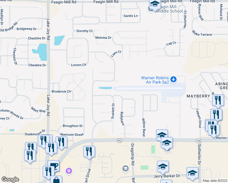 map of restaurants, bars, coffee shops, grocery stores, and more near 103 Cabe Drive in Warner Robins