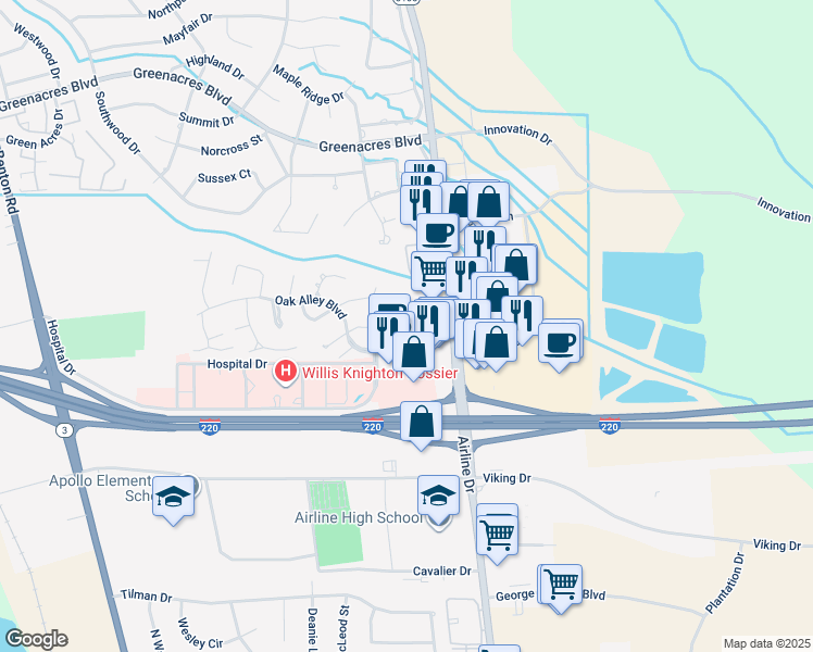 map of restaurants, bars, coffee shops, grocery stores, and more near 2540 Beene Boulevard in Bossier City