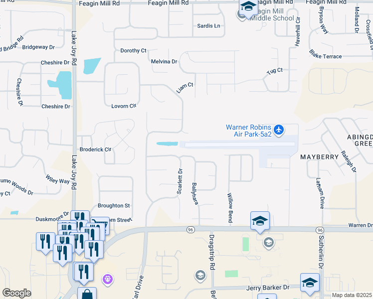 map of restaurants, bars, coffee shops, grocery stores, and more near 103 Cabe Drive in Warner Robins