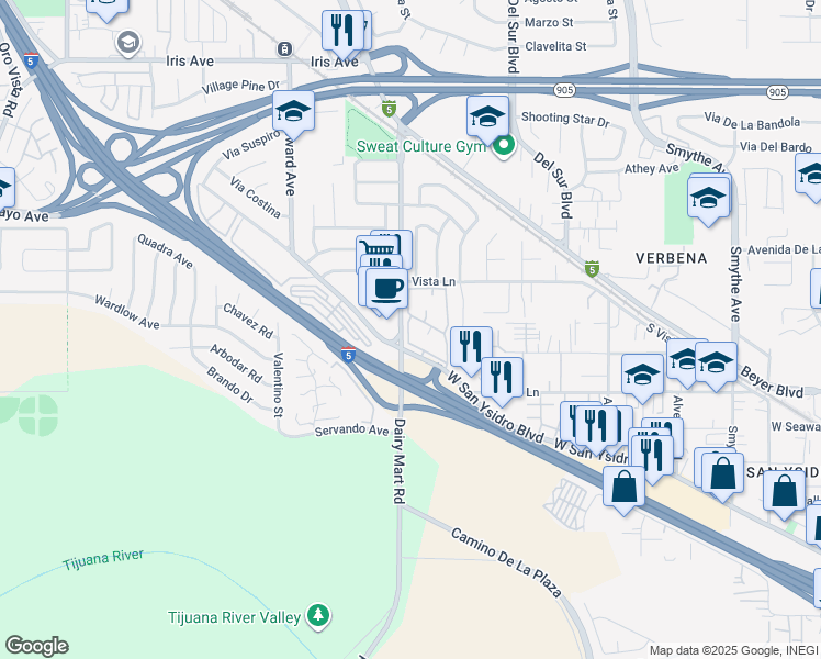 map of restaurants, bars, coffee shops, grocery stores, and more near 891 West San Ysidro Boulevard in San Diego