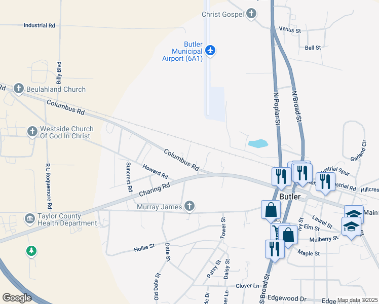 map of restaurants, bars, coffee shops, grocery stores, and more near 36 Columbus Road in Butler