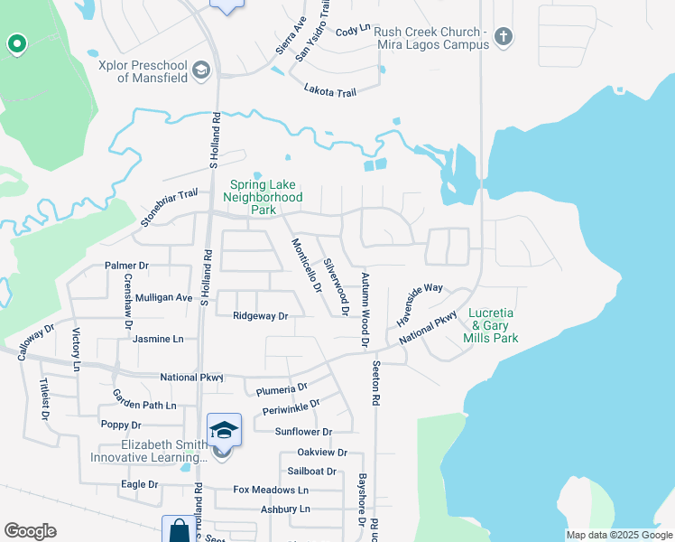 map of restaurants, bars, coffee shops, grocery stores, and more near 115 Silverwood Drive in Mansfield