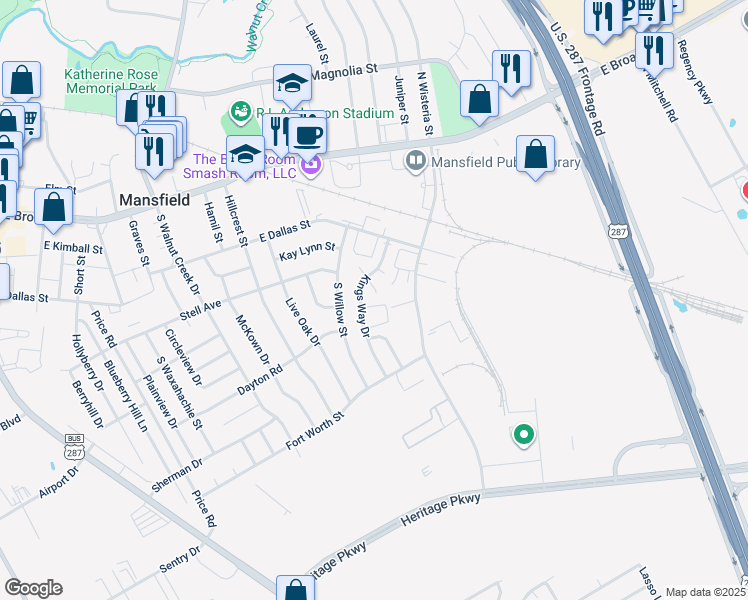 map of restaurants, bars, coffee shops, grocery stores, and more near 468 South Wisteria Street in Mansfield