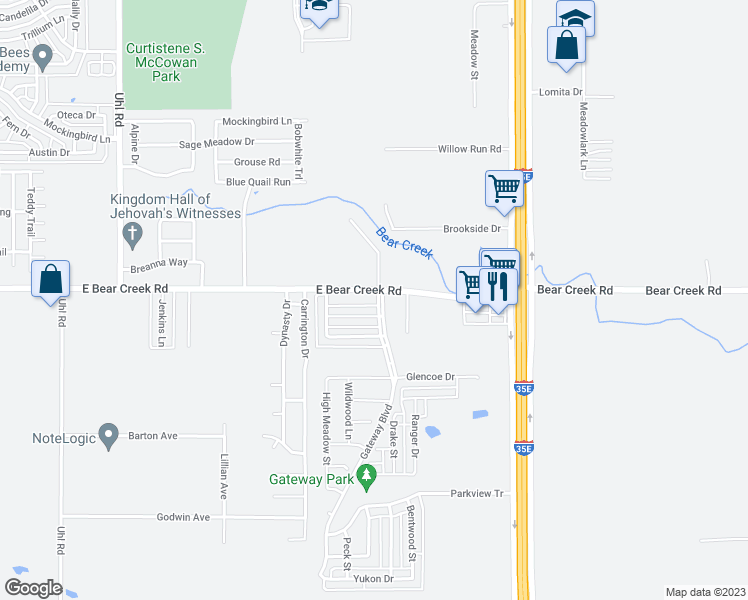 map of restaurants, bars, coffee shops, grocery stores, and more near 1172 East Bear Creek Road in Red Oak