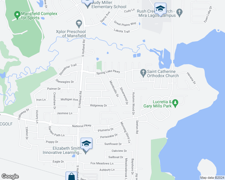 map of restaurants, bars, coffee shops, grocery stores, and more near 116 Monticello Drive in Mansfield