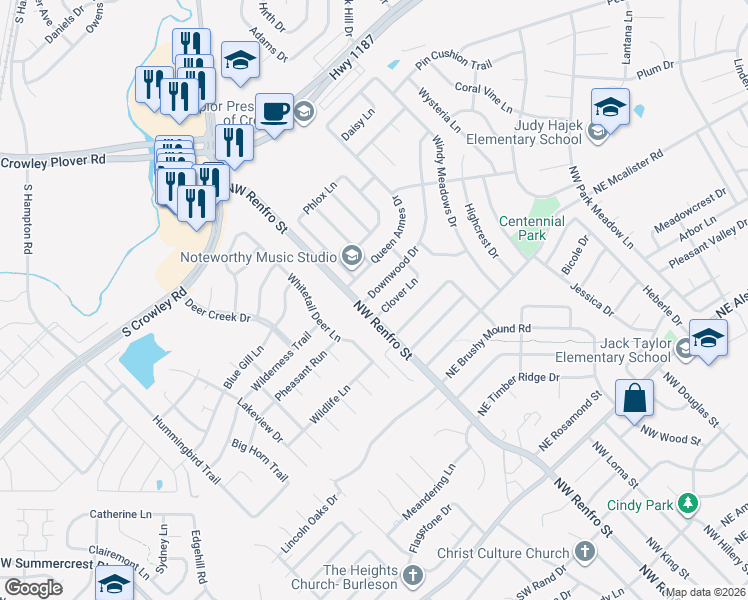 map of restaurants, bars, coffee shops, grocery stores, and more near 104 Downwood Drive in Burleson