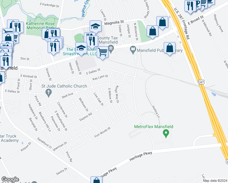 map of restaurants, bars, coffee shops, grocery stores, and more near 404 Kings Way Drive in Mansfield