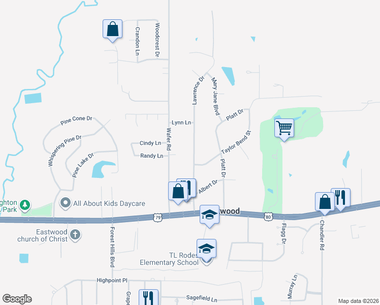 map of restaurants, bars, coffee shops, grocery stores, and more near 125 Lawrence Drive in Haughton