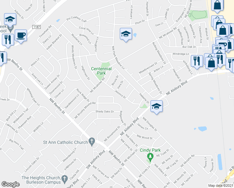 map of restaurants, bars, coffee shops, grocery stores, and more near 925 Jessica Dr in Burleson