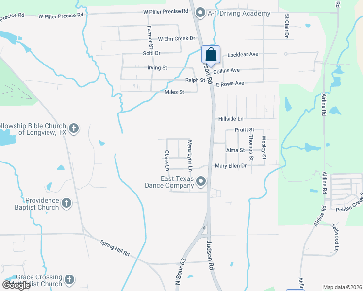 map of restaurants, bars, coffee shops, grocery stores, and more near 306 Myra Lynn Lane in Longview
