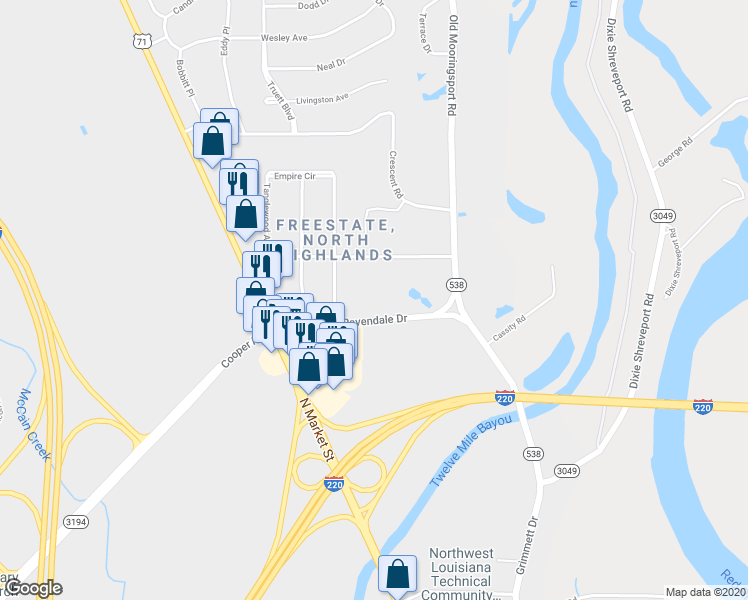 map of restaurants, bars, coffee shops, grocery stores, and more near 910 Ravendale Drive in Shreveport