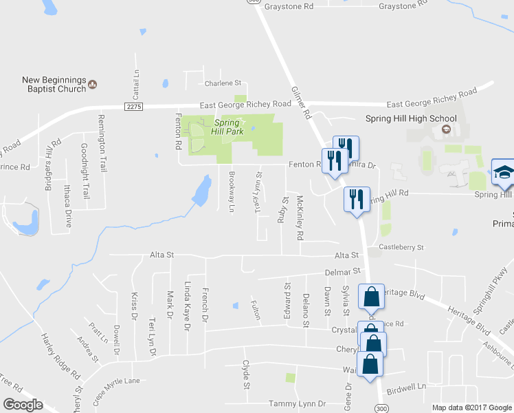 map of restaurants, bars, coffee shops, grocery stores, and more near 102 Tracy Lynn Street in Longview