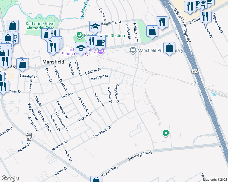 map of restaurants, bars, coffee shops, grocery stores, and more near 404 Kings Way Drive in Mansfield