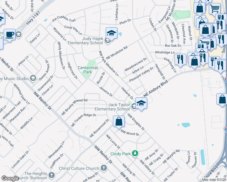 map of restaurants, bars, coffee shops, grocery stores, and more near 309 Angela Drive in Burleson