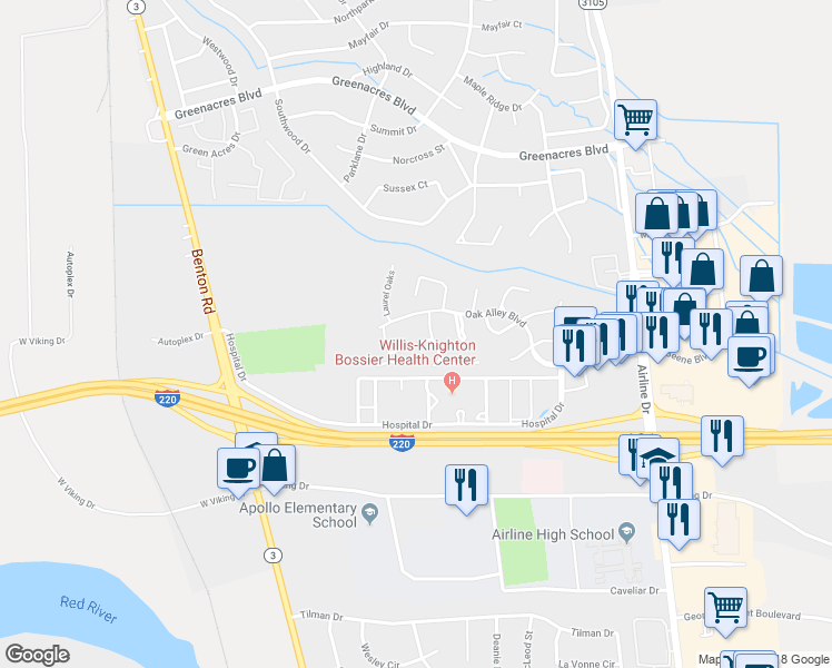map of restaurants, bars, coffee shops, grocery stores, and more near 106 Calais Court in Bossier City