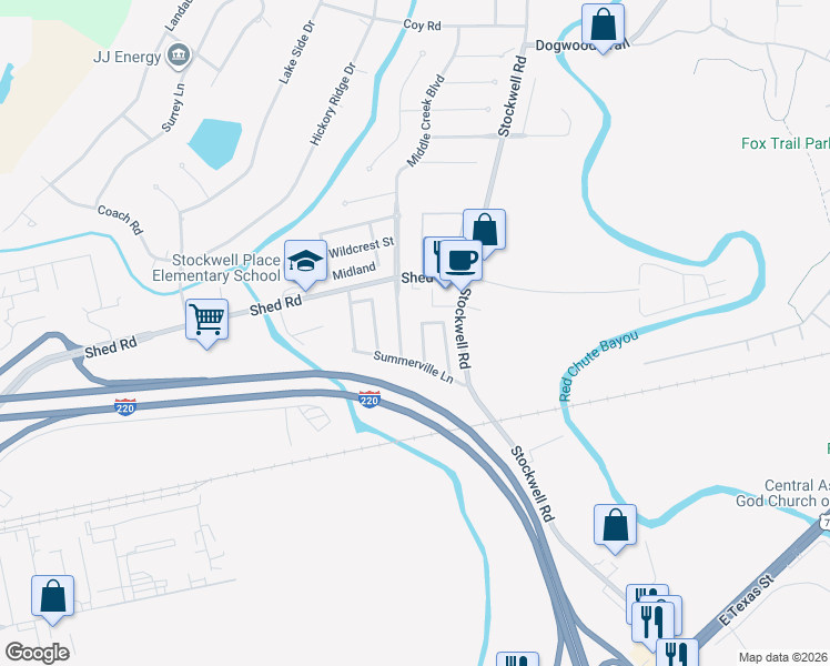 map of restaurants, bars, coffee shops, grocery stores, and more near 2111 Mockingbird Lane in Bossier City