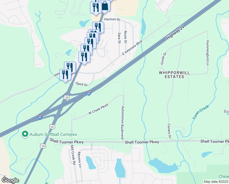map of restaurants, bars, coffee shops, grocery stores, and more near 170 West Creek Parkway in Auburn