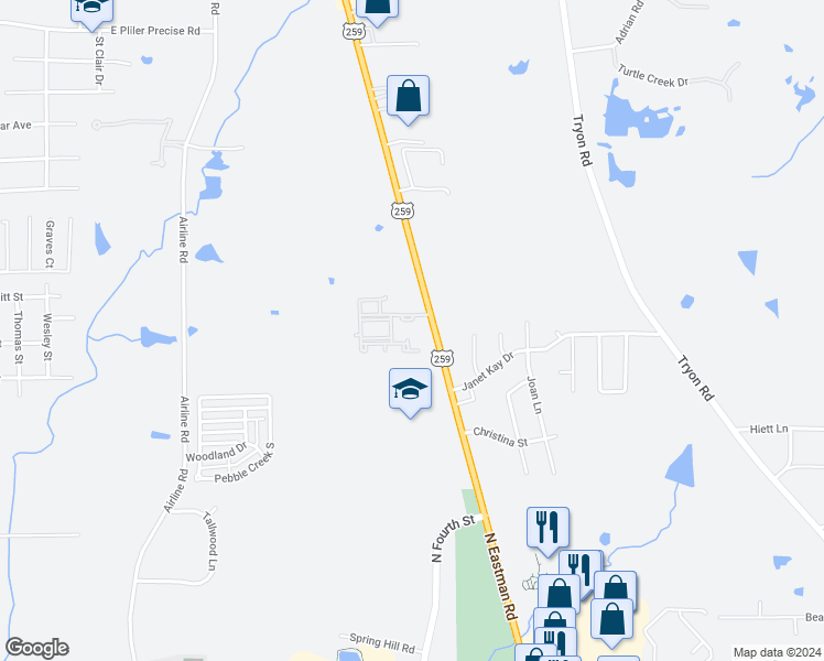 map of restaurants, bars, coffee shops, grocery stores, and more near 3637 U.S. 259 in Longview