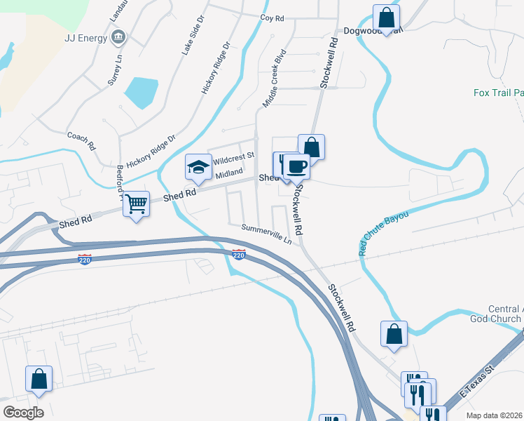 map of restaurants, bars, coffee shops, grocery stores, and more near 2110 Middle Creek Boulevard in Bossier City