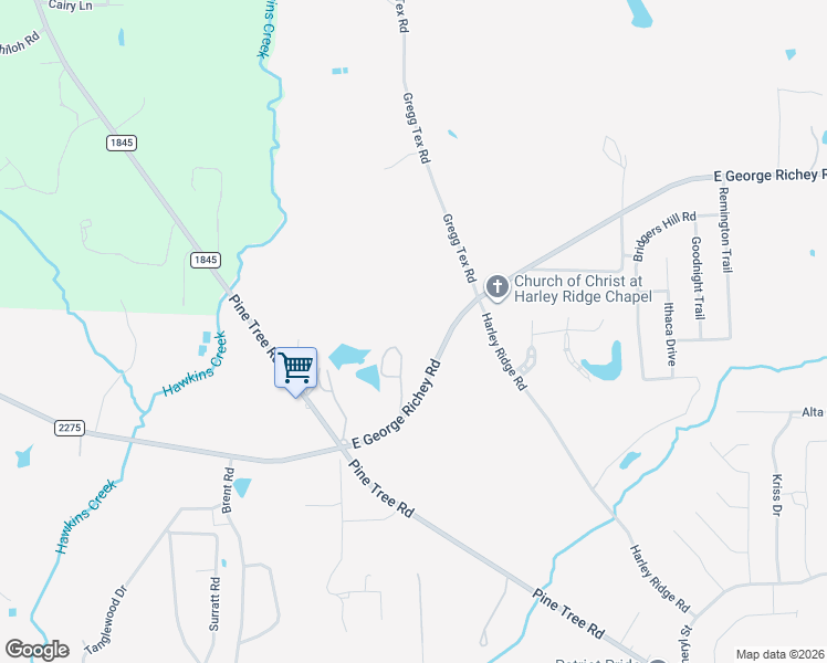 map of restaurants, bars, coffee shops, grocery stores, and more near 1008 George Richey Road in Longview