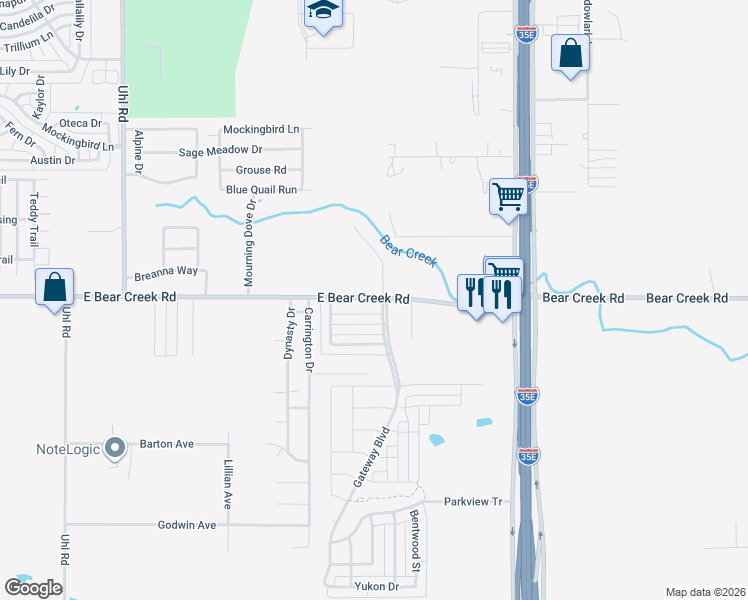 map of restaurants, bars, coffee shops, grocery stores, and more near 1164 East Bear Creek Road in Red Oak