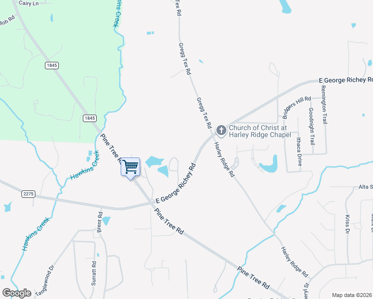 map of restaurants, bars, coffee shops, grocery stores, and more near 1008 George Richey Road in Longview