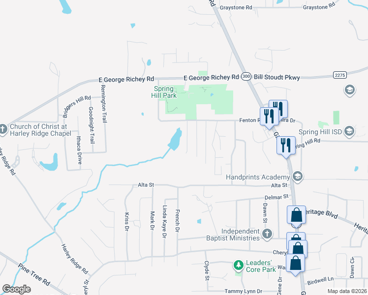map of restaurants, bars, coffee shops, grocery stores, and more near 119 Lakeway Lane in Longview