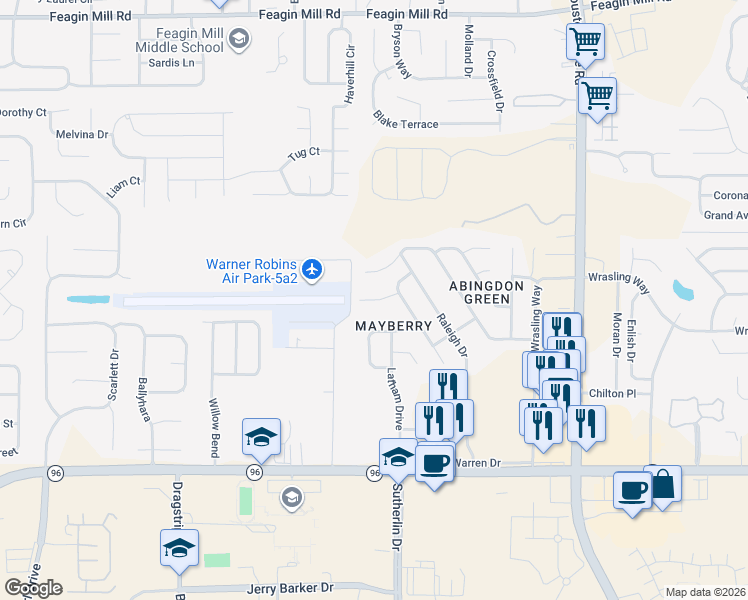 map of restaurants, bars, coffee shops, grocery stores, and more near 125-199 Air Park Drive in Warner Robins