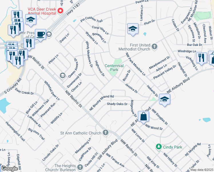 map of restaurants, bars, coffee shops, grocery stores, and more near 216 Northeast Mcalister Road in Burleson