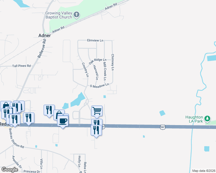 map of restaurants, bars, coffee shops, grocery stores, and more near 112 South Meadow Lane in Haughton
