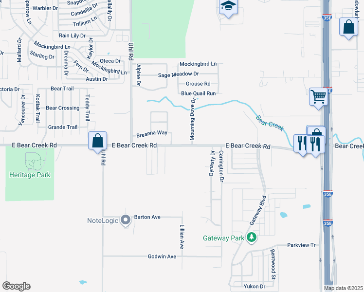 map of restaurants, bars, coffee shops, grocery stores, and more near 818 East Bear Creek Road in Glenn Heights