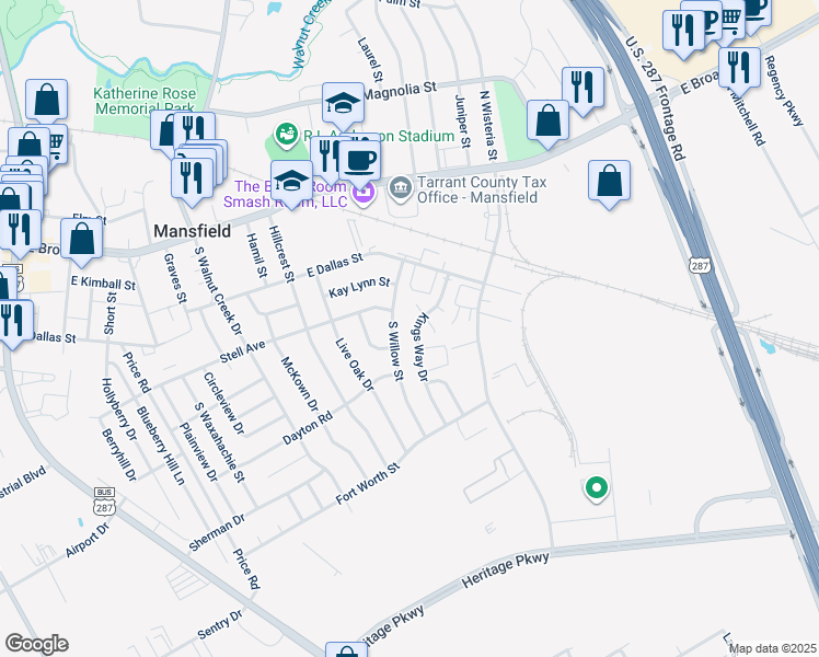 map of restaurants, bars, coffee shops, grocery stores, and more near 404 Kings Way Drive in Mansfield