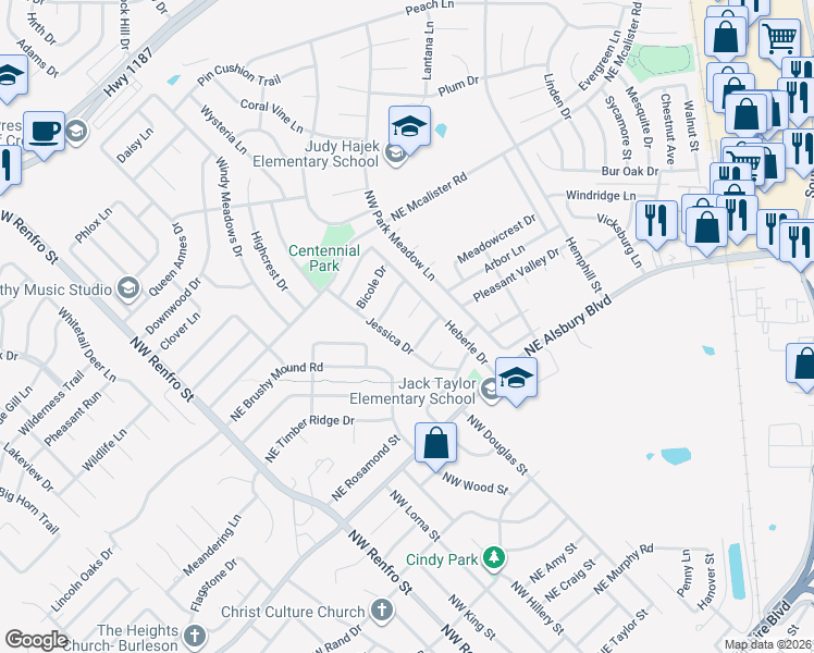 map of restaurants, bars, coffee shops, grocery stores, and more near 309 Angela Drive in Burleson