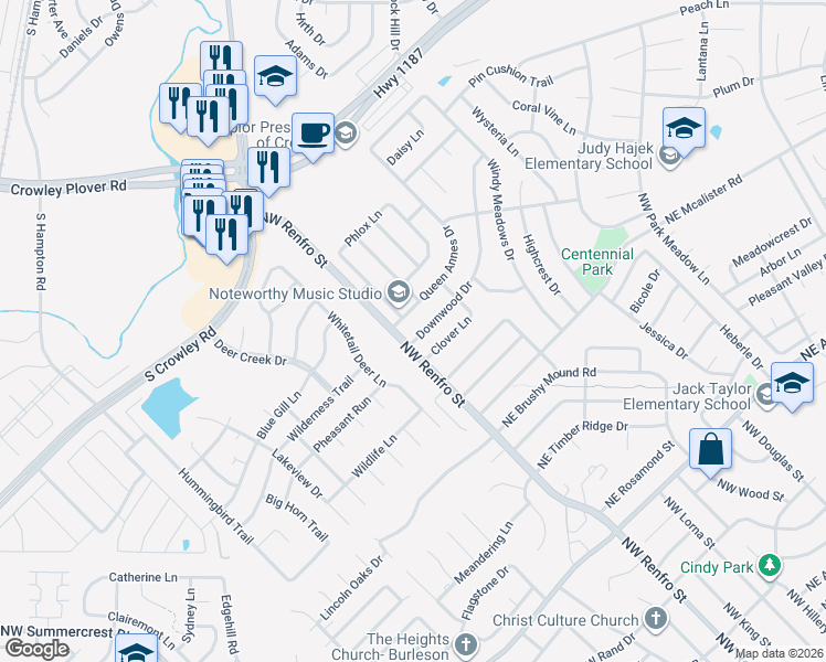 map of restaurants, bars, coffee shops, grocery stores, and more near 104 Downwood Drive in Burleson