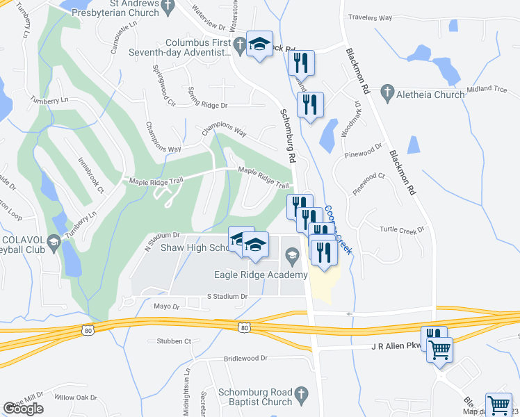 map of restaurants, bars, coffee shops, grocery stores, and more near 7799 Kolven Cove in Columbus